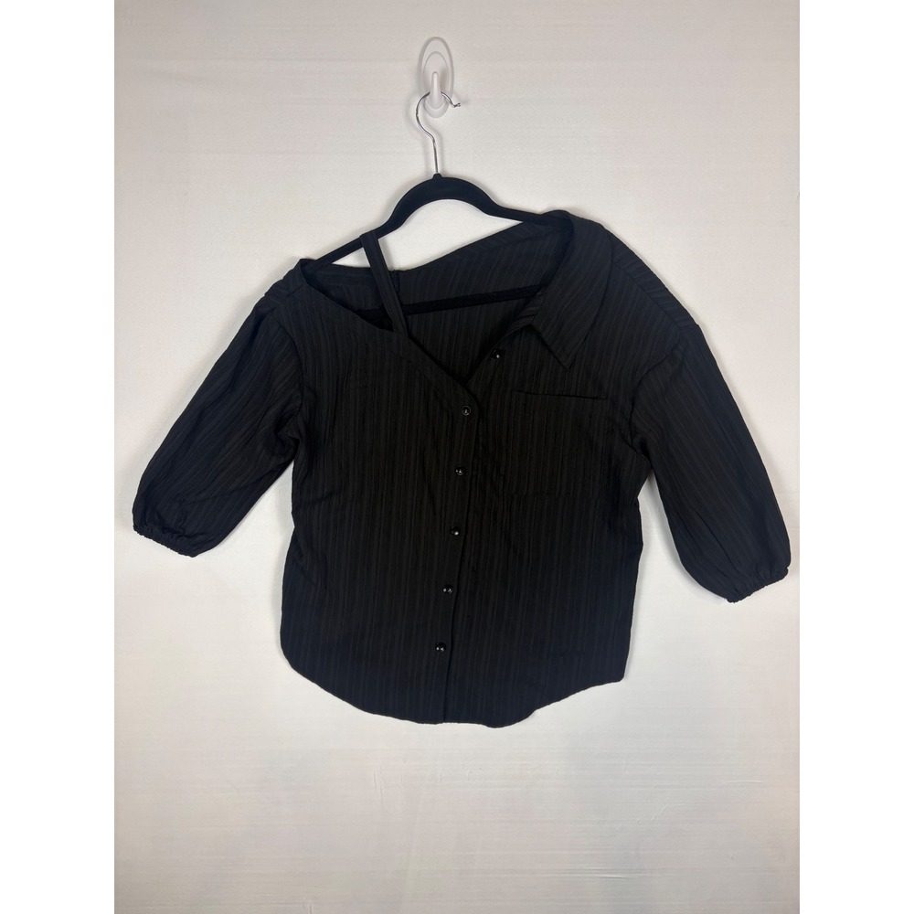 Unbranded Asymmetrical Top Women Size L Black Textured Cold Shoulder Blouse